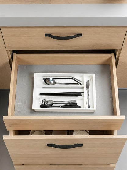Silverware Drawer Organizer Tray, Adjustable Small Utensil Holder for Spoon and Fork, Expandable Flatware Cutlery Tray for Kitchen Drawers (Cream)