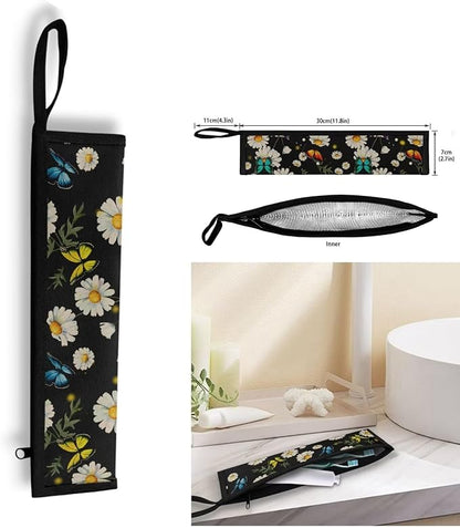 COEQINE Black Utensil Holder Small Foldable Flatware Organizer for Travel Work Portable Handles Silverware Bag Portable Leafproof Tableware Storage Bag With Zipper,Daisy Butterfly