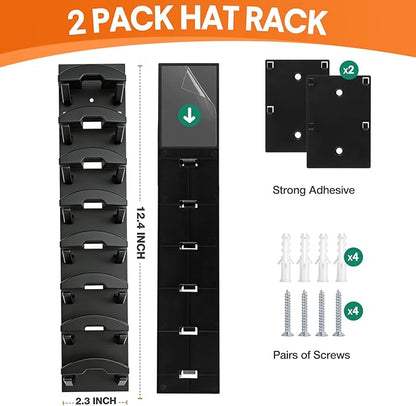 2 Pack Hat Organizer for Baseball Caps, Hat Rack for Wall with Strong Adhesive, Hold Up to 16 Hats, Hat Rack for Door Closet, Multi-Tier Hat Organizer, Two Mounting Options (Black)