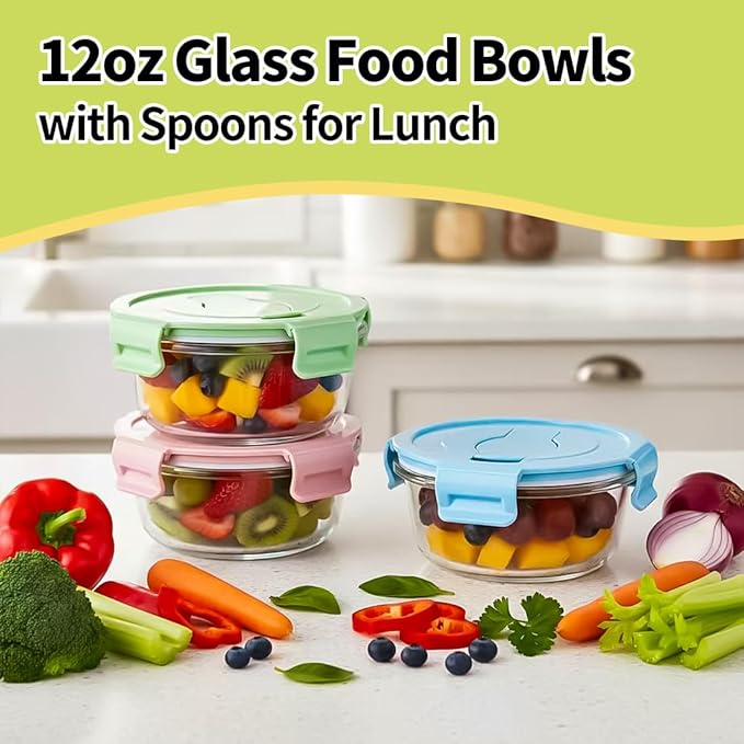 1.5 Cup Round Glass Food Container with Lids and Folding spoon, Small Round Glass Storage Container, 12oz Food Bowls with Spoons for Lunch Office, Oven, Freezer, Dishwasher Safe (4Pack)