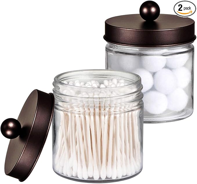 SheeChung Bathroom Organizers and Storage - 2Pack Qtip Holders Bathroom Canister Apothecary Jars for Cotton Swabs, Rounds, Balls, Qtips,Makeup Sponges, Flossers,Bath Salts - Bronze