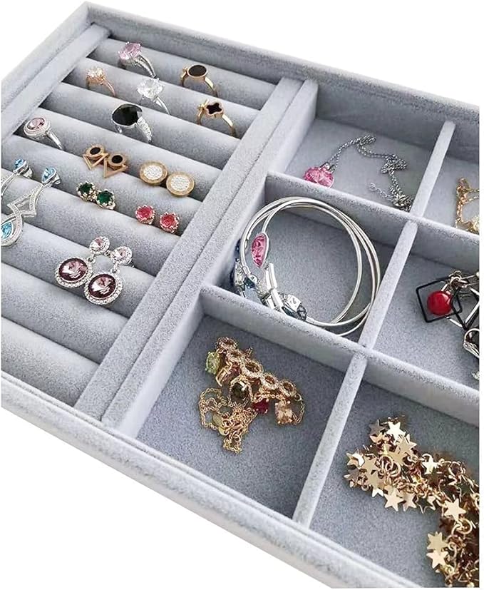 Gray Velvet Stackable Organizer Premium Quality Stackable Tray for Rings Accessaries Jewelry Collectibles Closet Orgnization Drawer Dividers Inserts