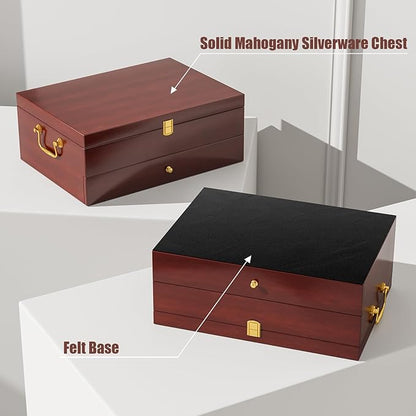 Mahogany Wood Silverware Storage Box,2-Layer Silverware Chest Case with Lid Drawer Handle Silverware Case with Felt Lined,Flatware Storage Box Holds 12-16 Sets of Utensils,Wedding Housewarming Gifts