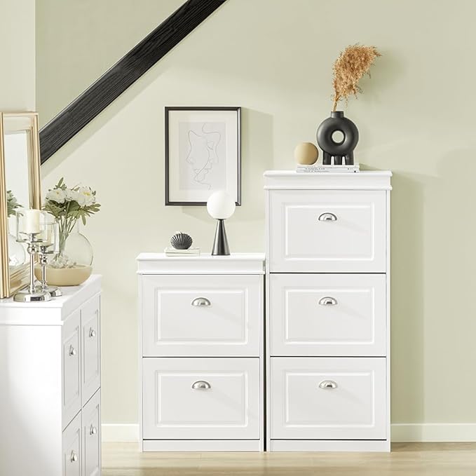 SoBuy White Shoe Cabinet with 3 Flip Drawers, Narrow Freestanding Shoe Rack Entryway, Hidden Slim Shoe Rack with Drawer FSR94-W (9.45" D x 20.87" W x 46" H)