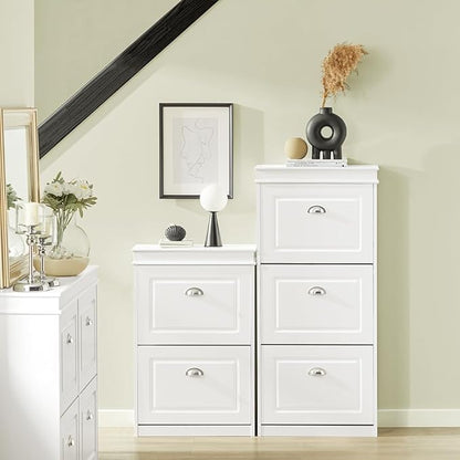SoBuy White Shoe Cabinet with 3 Flip Drawers, Narrow Freestanding Shoe Rack Entryway, Hidden Slim Shoe Rack with Drawer FSR94-W (9.45" D x 20.87" W x 46" H)