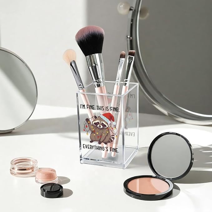 I'm Fine This Is Fine Acrylic Cosmetic Pencil Pen Holder Cup, Funny Raccoon Christmas Pen Holder Cup, Raccoon Lover Gifts for Women Men, Office Sarcastic Gifts for Women Men Colleague Boss