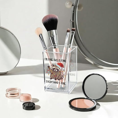 I'm Fine This Is Fine Acrylic Cosmetic Pencil Pen Holder Cup, Funny Raccoon Christmas Pen Holder Cup, Raccoon Lover Gifts for Women Men, Office Sarcastic Gifts for Women Men Colleague Boss