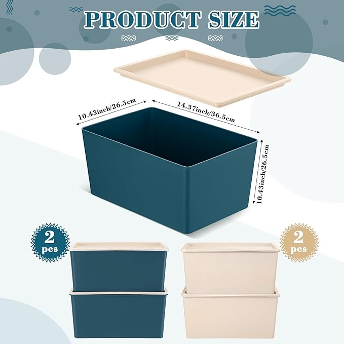 Menkxi 4 Pcs Storage Bins with Lids Plastic Stackable Containers for Organizing Shelves Christmas Ornament Box Baskets(Beige, Blue,Small)