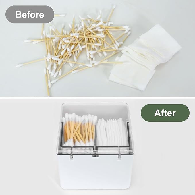 Qtip Holder with 2 Compartments, Clear Bathroom Set, Vanity Countertop Storage Organizer for Swab, Round Pads, Plastic Floss Pick Holder, White