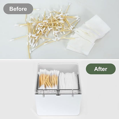 Qtip Holder with 2 Compartments, Clear Bathroom Set, Vanity Countertop Storage Organizer for Swab, Round Pads, Plastic Floss Pick Holder, White