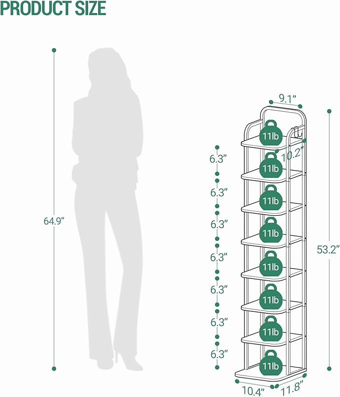 Hzuaneri 8 Tiers Vertical Shoe Rack, Narrow Shoe Tower, Tall Shoes Shelf with 2 Hooks, Adjustable Shelves, Corner Shoes Shelves for Small Spaces, Entryway, Living Room, Greige SR04305B
