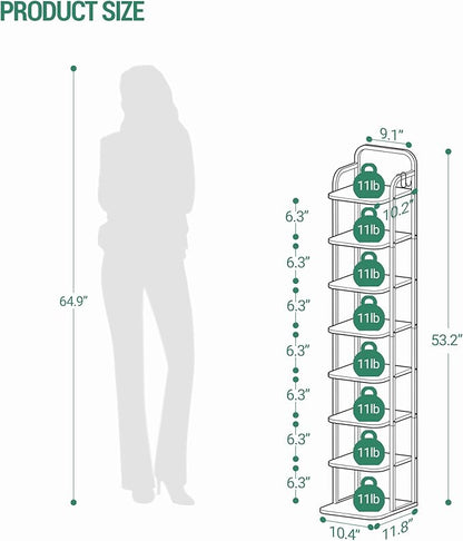 Hzuaneri 8 Tiers Vertical Shoe Rack, Narrow Shoe Tower, Tall Shoes Shelf with 2 Hooks, Adjustable Shelves, Corner Shoes Shelves for Small Spaces, Entryway, Living Room, Greige SR04305B