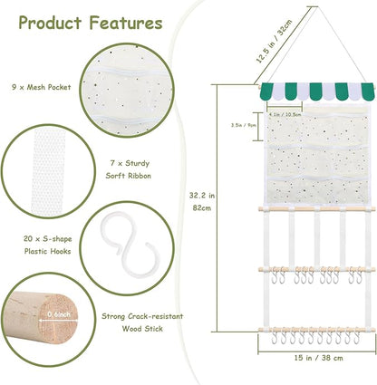 New Upgraded Bow Holder Headband Organizer w/ 9 Mesh Pockets, Large Capacity Hair Bow Organizer for Girls, Wall Hair Accessory Organizer for Nursery Room Decor(32x15inch,Beige Green)