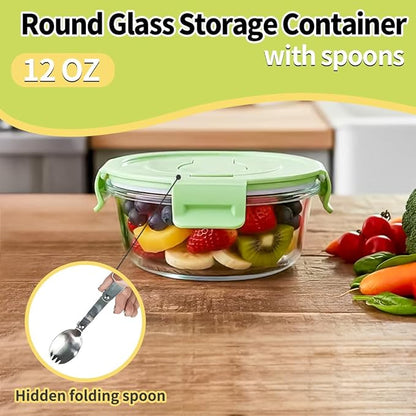 1.5 Cup Round Glass Food Container with Lids and Folding spoon, Small Round Glass Storage Container, 12oz Food Bowls with Spoons for Lunch Office, Oven, Freezer, Dishwasher Safe (4Pack)