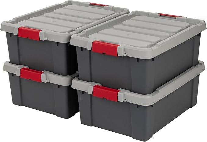 IRIS USA 12 Gallon Lockable Storage Totes with Lids, 4 Pack - Gray, Heavy-Duty Durable Stackable Containers, Large Garage Organizing Bins Moving Tubs, Rugged Sturdy Equipment Utility Tool Box