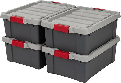 IRIS USA 12 Gallon Lockable Storage Totes with Lids, 4 Pack - Gray, Heavy-Duty Durable Stackable Containers, Large Garage Organizing Bins Moving Tubs, Rugged Sturdy Equipment Utility Tool Box