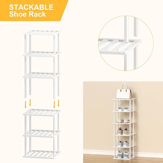 SHIISEWE White Bamboo Shoe Rack for Small Spaces 6 Tier Tall Vertical Narrow Rack