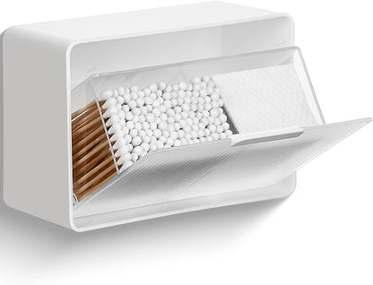 Qtip Holder, Wall Mount Qtip Holder Organizer for Bathroom Cotton Swabs, Balls, Cosmetic Cotton Pads, Dental Floss Storage - White