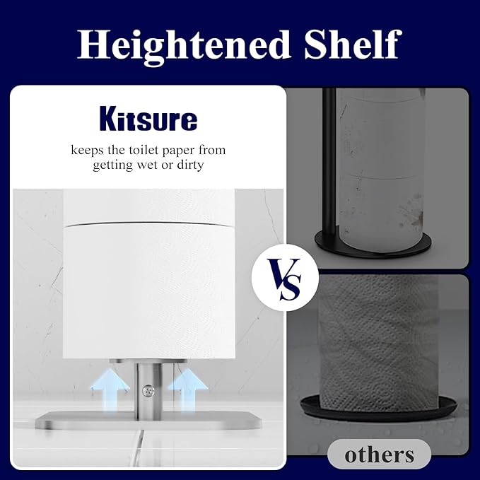 Kitsure Toilet Paper Holder Free Standing – Rustproof Metal Toilet Paper Stand for 4 Rolls with Anti-Slip Base and Shelf for Phone & Small Items, Bathroom Organizers and Storage, Medium, Silver