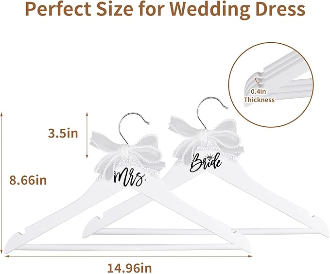 Bride Hanger for Wedding Dress Wooden Pearl Hangers with Pearl Ribbon Bow Elegant Bridal Mrs Wedding Dress Hanger, 2PCS Personalized Wedding Hangers (White)