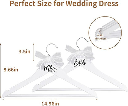 Bride Hanger for Wedding Dress Wooden Pearl Hangers with Pearl Ribbon Bow Elegant Bridal Mrs Wedding Dress Hanger, 2PCS Personalized Wedding Hangers (White)