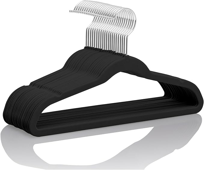MIZGI Kids Velvet Hangers,Non-Slip Big Kids Hangers,14 Inch Hangers for Youth,Teen Clothes,Pack of 50（Black/Silver）