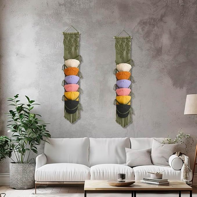 Macrame Cap Holder, Boho Hats Organizer for Baseball Caps, Hand Woven Hats Display Organizer Over Door, Hat Rack for Wall Home Hanging Decoration (Green 39in)