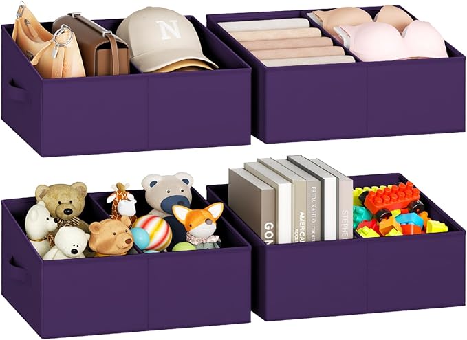 DIMJ Large Closet Shelf Organizer Bins 6 Packs with Handles and Divider, Fabric Trapezoid Storage Baskets, Foldable Clothes Containers Box for Shelf, Towel, Book, Toy, Purse, Hats, Purple