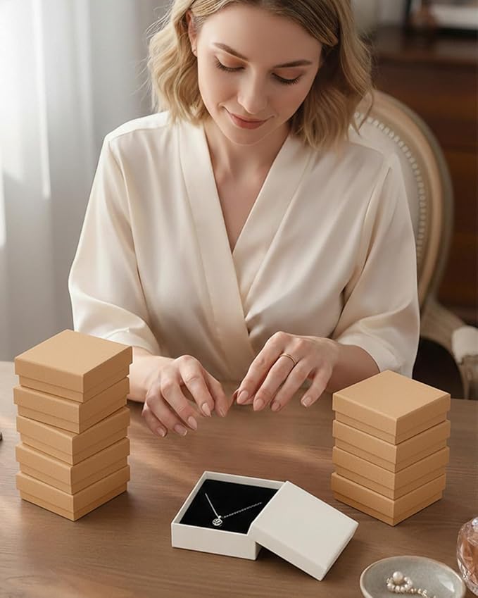 Rocutus Jewelry Gift Boxes for Necklace, Earring, Ring - Cotton Filled Cardboard Paper Jewelry Box Gift Cases for Wedding, 12 Pack Engagement, Gift Packaging, Luxury Jewelry Box, Ring Box (Kraft)