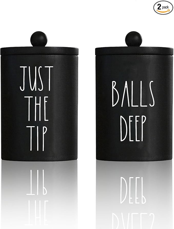 Farmhouse Apothecary Jars, Qtip & Cotton Ball Holder with Lids, Funny Rustic Cotton Swab Canisters for Bathroom Decor Storage Organization (Black)