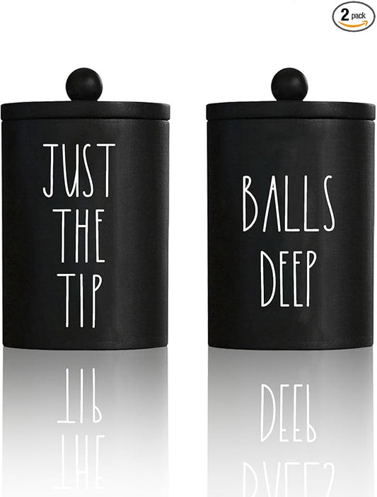 Farmhouse Apothecary Jars, Qtip & Cotton Ball Holder with Lids, Funny Rustic Cotton Swab Canisters for Bathroom Decor Storage Organization (Black)