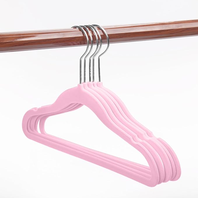 MIZGI Baby Velvet Hangers,Non-Slip Kids & Toddler Hangers,11.8 Inch Hangers for Baby Clothes,Pack of 50（Pink/Silver）