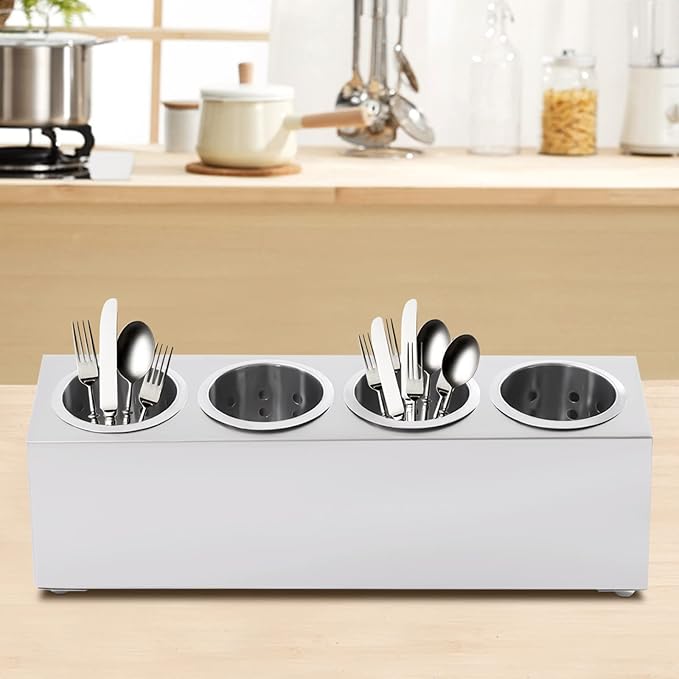 Flatware Organizers, Modern Minimalist Stainless Steel Utensil Holder, 4 Hole Cylinder Cutlery Organizer Caddy with Removable Inserts for Kitchen Counter Storage
