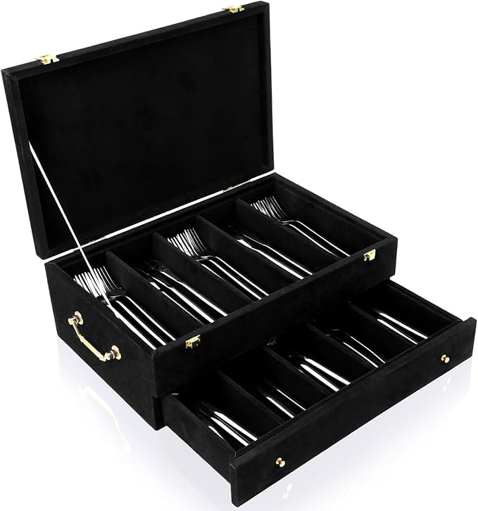 Pickmesh Silverware Case with Lid and Handle, Silverware Storage Box Sterling Silver Flatware Chest Without Silver Tarnish Proof Utensils Organizer for Kitchen Decor Wedding Gifts (Black,2 Layer)