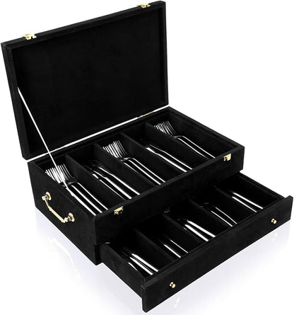 Pickmesh Silverware Case with Lid and Handle, Silverware Storage Box Sterling Silver Flatware Chest Without Silver Tarnish Proof Utensils Organizer for Kitchen Decor Wedding Gifts (Black,2 Layer)