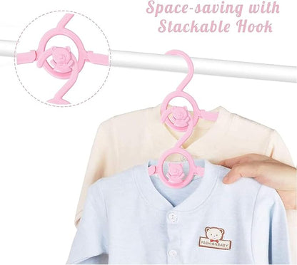 HGYZE Kid Hangers for Closet 50pcs, Pink Baby Clothes Hanger Plastic, 11-14" Adjustable Bulk Perchas for Newborn, Non-Slip Children Outfit Bear Hangar for Girl Boy Toddler Infant Nursery Clothing