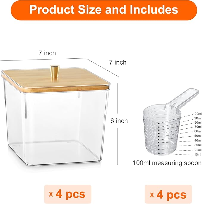 4 Pack Laundry Detergent Container, Clear Laundry Room Organization Containers, Large Laundry Powder Storage Organizer Wooden Lids with Scoop