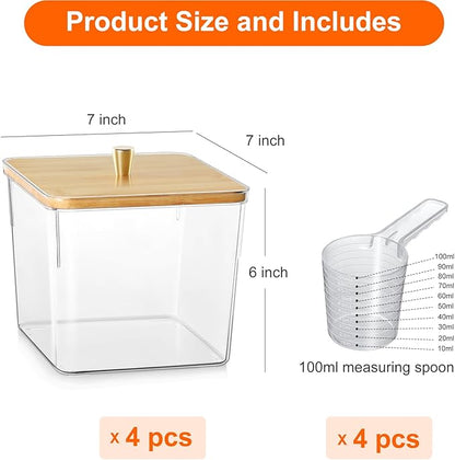 4 Pack Laundry Detergent Container, Clear Laundry Room Organization Containers, Large Laundry Powder Storage Organizer Wooden Lids with Scoop