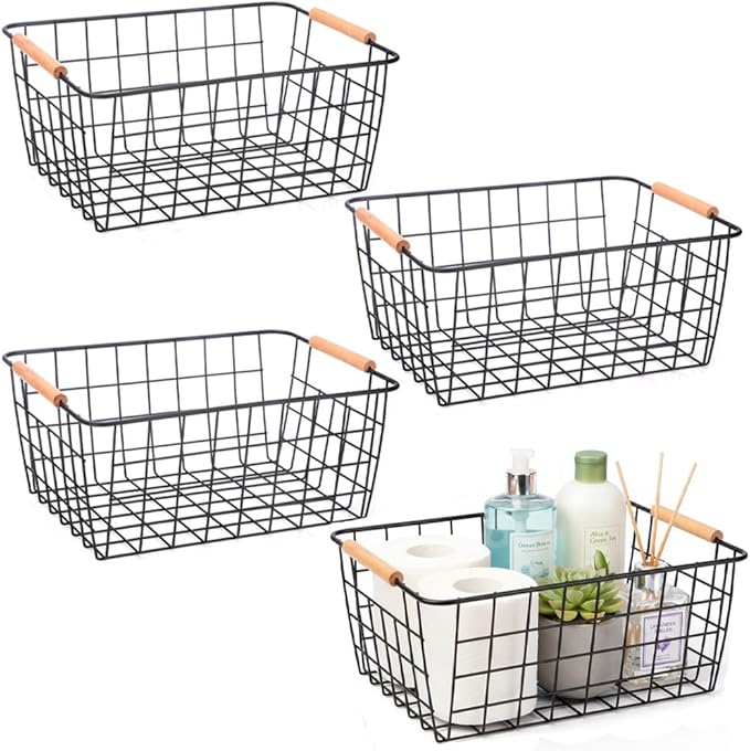 Metal Black Wire Basket,Food Storage Basket Organizer with Wooden Handles for Organizing,pantry and organizers Kitchen Cabinets Shelf potato onion, 4 Packs-Black