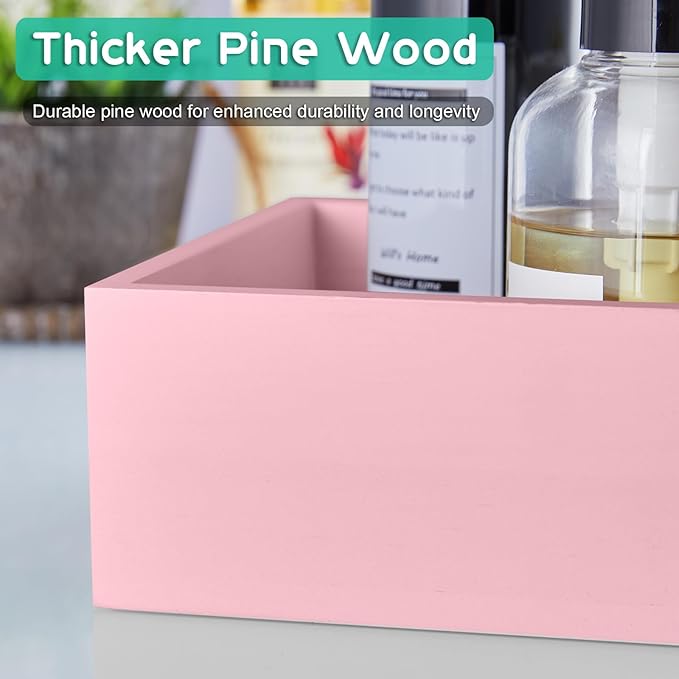 ALELION Pink Bathroom Basket for Organizing - Wooden Toilet Tank Paper Basket with Handle for Back of Toilet Tank Top Organizer - Pink Kitchen Bathroom Decor Accessories