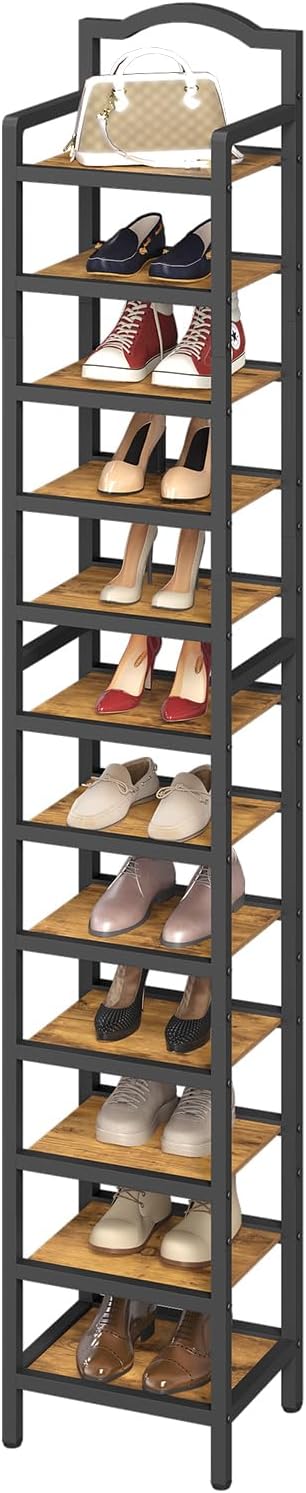 YATINEY 12-Tier Tall Shoe Rack, Vertical Shoe Organizer for Small Spaces, Wooden Shoe Shelf for Entryway, Space Saving Shoe Storage, Holds 12 Pairs of Shoes, Rustic Brown and Black SS52BR