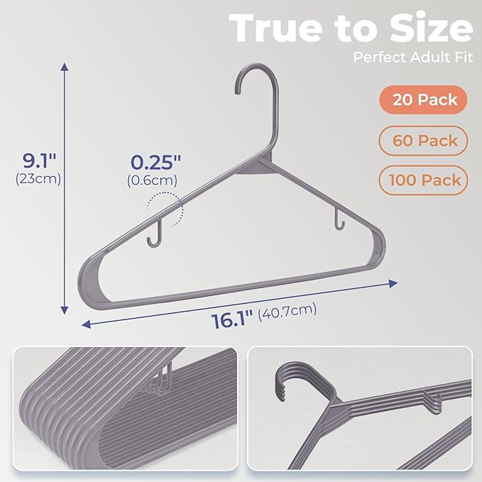 HOUSE DAY Plastic Hangers 20 Pack, Space Saving Clothes Hangers with Built-in Hooks, Durable & Strong Closet Organizers and Storage, Dorm Room Essential, Perfect for Shirts, Coat, Pants, Dress - Grey