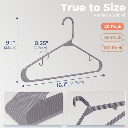 HOUSE DAY Plastic Hangers 20 Pack, Space Saving Clothes Hangers with Built-in Hooks, Durable & Strong Closet Organizers and Storage, Dorm Room Essential, Perfect for Shirts, Coat, Pants, Dress - Grey