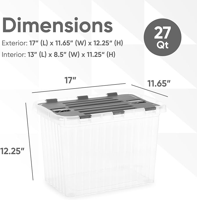 Superio Clear Storage Bin with attached Lid, 27.5 Quart Storage Box with Hinged lid