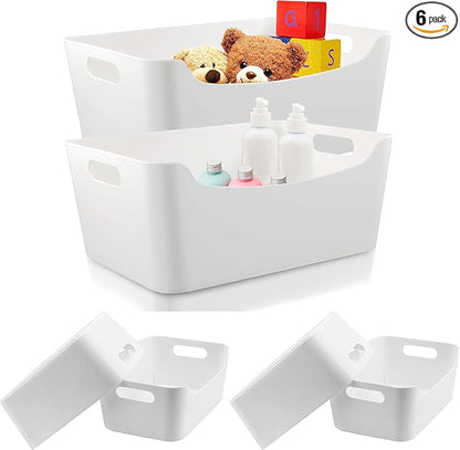 Ytteve 6-Pack Mixed Size White Plastic Storage Bins – Includes 2 Large (13"x9.5"x5.7") & 4 Medium (9.5"x6.7"x4.1") – Shelf Organizers for Kitchen Pantry, Closet, Bathroom, Office & Cabinet