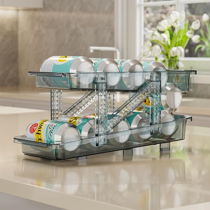 Xicennego Set of 4 Adjustable Soda Can Organizer for Refrigerator, Cabinets, Countertops, Beverage Can Dispenser for Fridge, for Standard Cans, Skinny Cans, And Tall Cans (Blue)