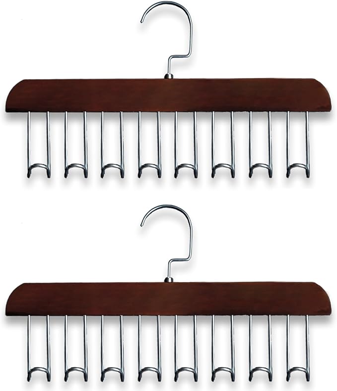 Belt Hanger 2Pcs Belt Hanger with 16 Hooks Bra Hangers for Closet,Space-Saving Wooden Closet Hanger Organizer for Ties, Scarves, Bras,Tank, Tops(Brown)