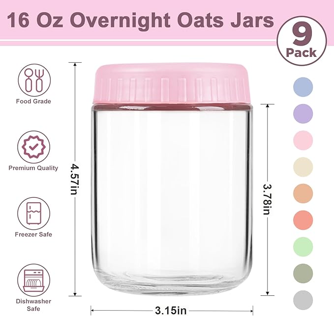 Overnight Oats Containers with Lids, 16oz Wide Mouth Mason Jars with Lids, 9 Pack Glass Jars with Airtight lid for Chia Pudding Yogurt Salad, Meal Prer Oatmeal Jars, Pink