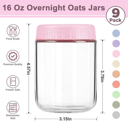 Overnight Oats Containers with Lids, 16oz Wide Mouth Mason Jars with Lids, 9 Pack Glass Jars with Airtight lid for Chia Pudding Yogurt Salad, Meal Prer Oatmeal Jars, Pink