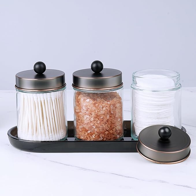 SheeChung 3pcs Glass Qtip Holder with Tray - Oil Rubbed Bronze Bathroom Storage Jars - Apothecary Jar Set for Cotton Swabs & Floss Picks - Decorative Vanity Organizer
